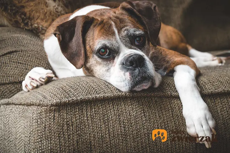 Starszy pies leżący na kanapie cierpiący z powody osteoartozy, a także leczenie i powikłania choroby