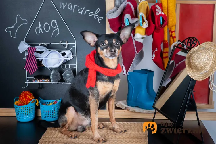 Pies siedzący przed lustrem przy różnych ubrankach, a także gdzie kupić najtaniej ubranka dla psa