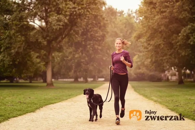 Kobieta biegnąca z psem trzymanym na lince treningowej, a także rodzaje oraz zastosowanie linek treningowych dla psa