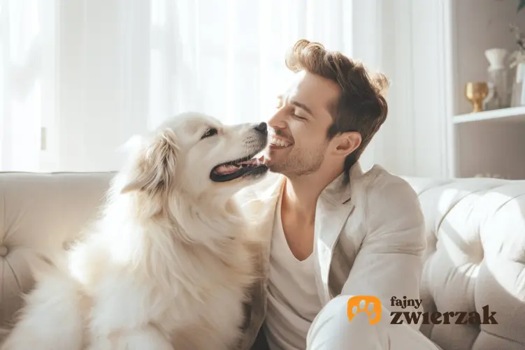 Mężczyzna z dużym białym psem przytulający się, a także czy pies może być dobrym partnerem