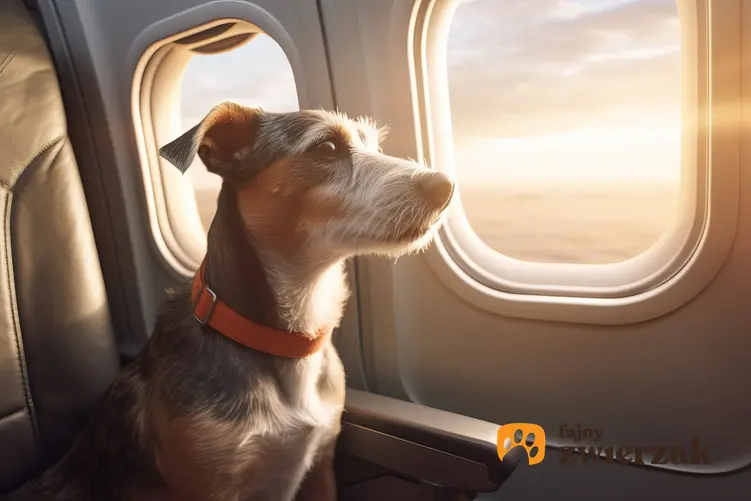 Pies siedzący w samolocie i wyglądający przez okno, a także a także pies w samolocie krok po kroku