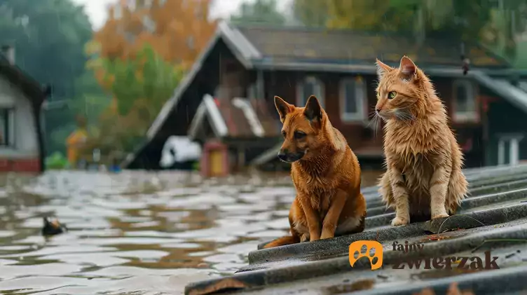 Pies i kot na dachu domu w trakcie powodzi