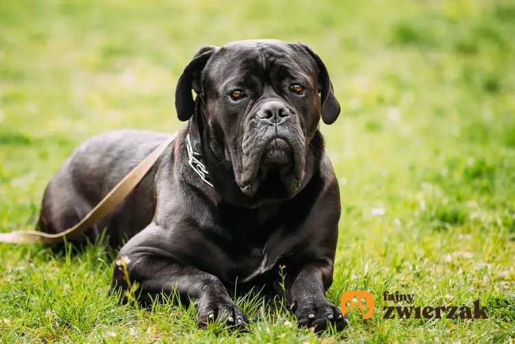Pies rasy cane corso leżący na trawniku, a także opis i opinie o cane corso