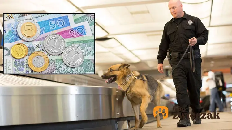 Pies pracujący na lotnisku z opiekunem