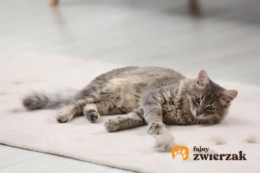 Usuwanie martwego włosa zanim trafi on na dywan lub meble znacząco zmniejsza skalę problemu Kot leży na podłodze obok kłębka sierści