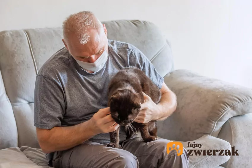 Starszy mężczyzna w maseczce trzyma kota na kolanach