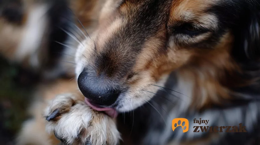 Pies liże łapkę en face