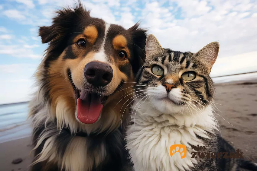 Radosny pies i kot leżą obok siebie