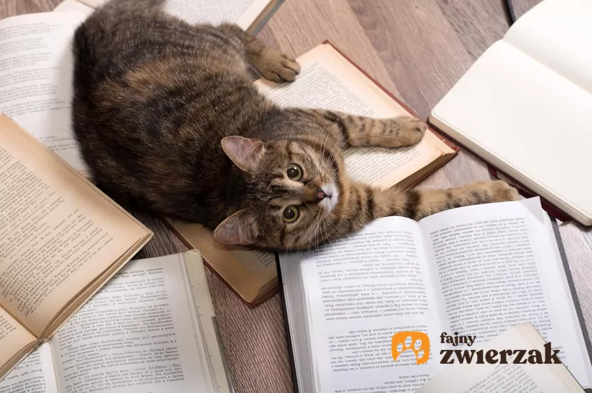 Kot leży na książkach