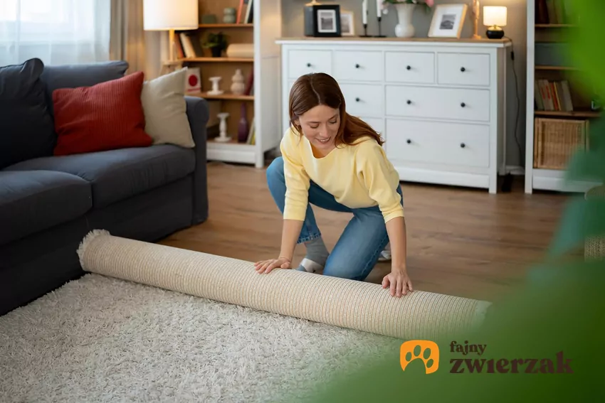 Czworonóg potrzebuje czasu na akceptację nowego wnętrza, dlatego wszelkie modyfikacje najlepiej wprowadzać stopniowo Kobieta rozwija dywan