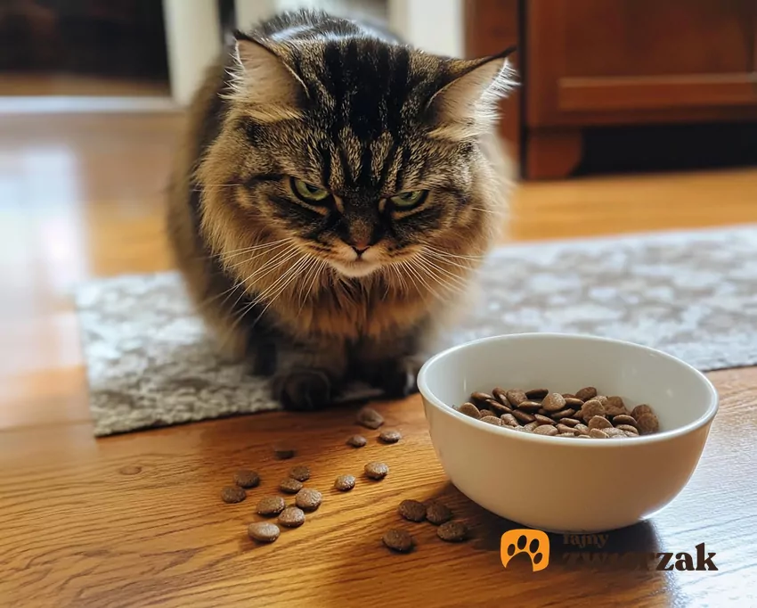 Kot nad miską z suchą karmą