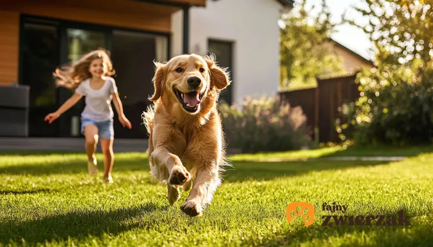 Zabawki dla psa DIY mogą być równie ciekawe, co gadżety ze sklepu Dziewczynka biegnie za zadowolonym golden retriverem
