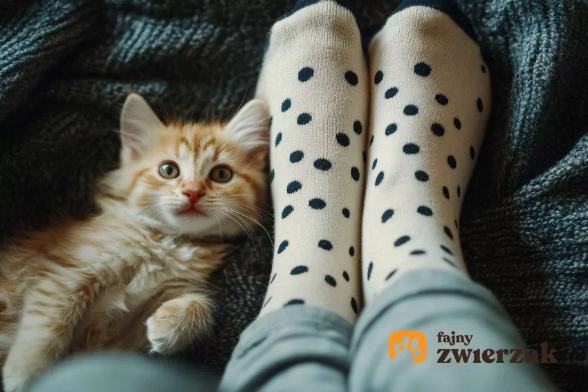 Mały kot leży przy stopach z brązowymi skarpetkami