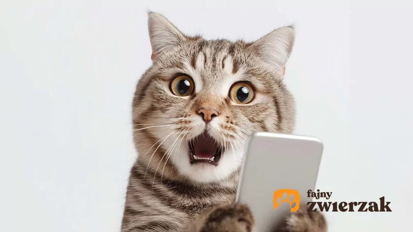 Kot z zaskoczoną miną trzyma telefon komórkowy w łapkach