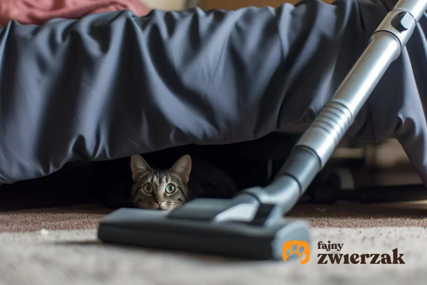 Kot nie zaśnie w miejscu, gdzie panuje hałas Kot pod łóżkiem i odkurzacz na pierwszym planie