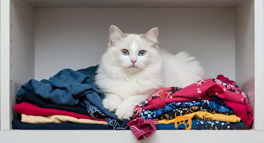 Kot siedzi na półce z ubraniami