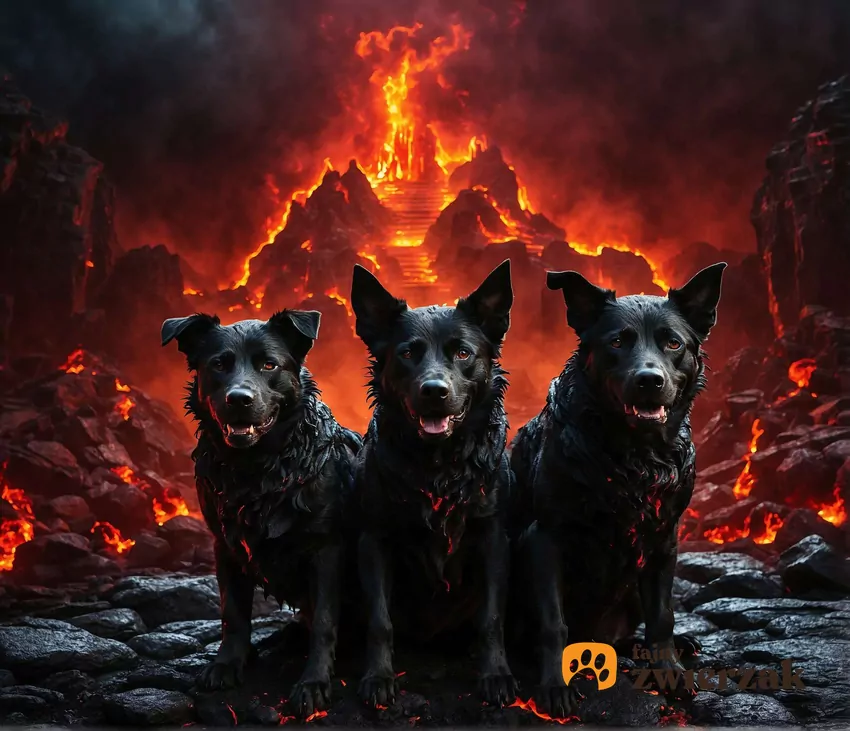 Trzy groźne czarne psy na tle ognistego wulkanu