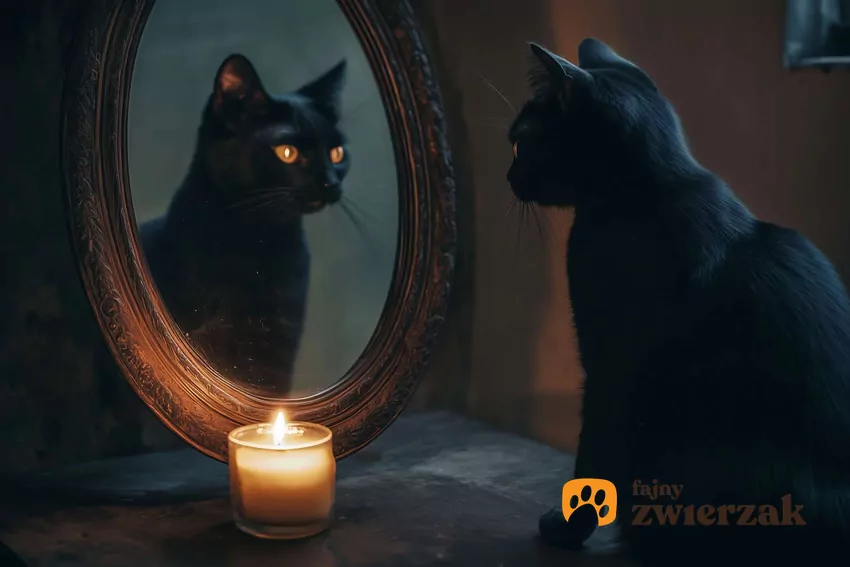 Lustro jest dla kotów ciekawym przedmiotem Czarny kot przygląda się swojemu odbiciu w lustrze