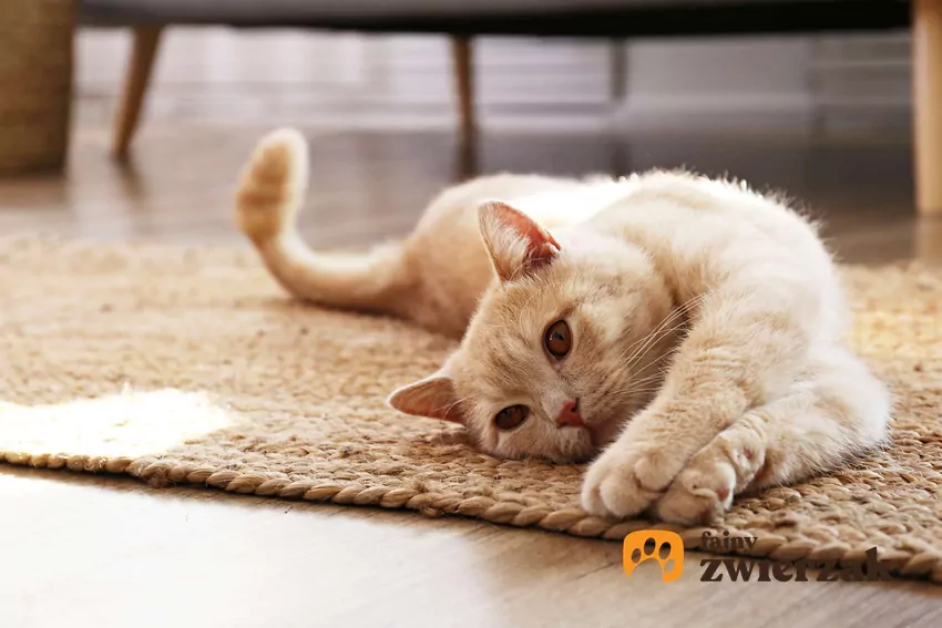 Koty lubią zabawy, gdy wszyscy domownicy są pogrążeni we śnie Jasny kot bawi się na dywanie