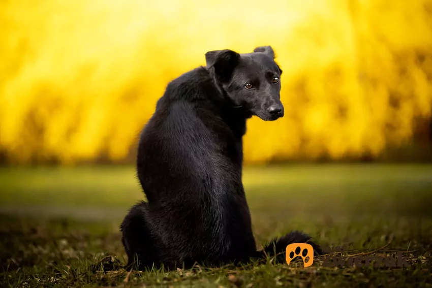 Czarny pies siedzi i ogląda się za siebie