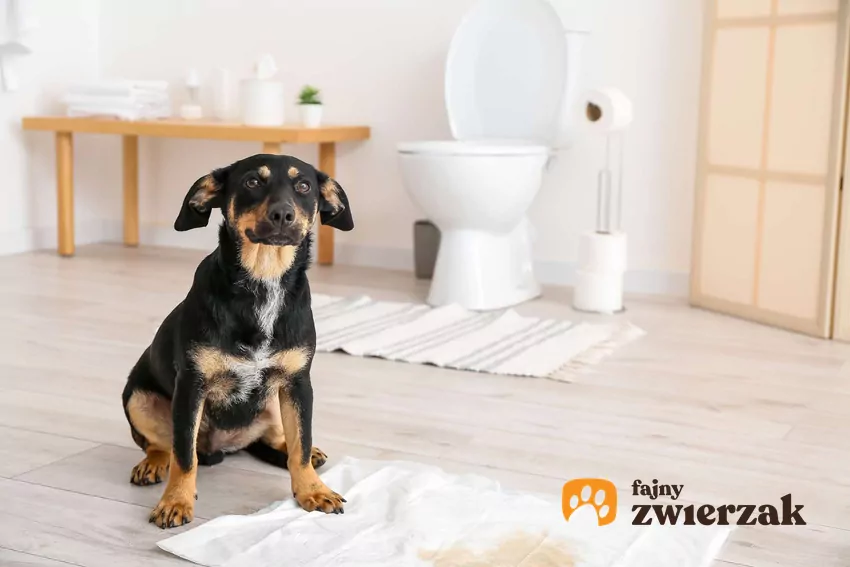 Niektóre psy bardzo lubią odpoczywać w pobliżu łazienki Mały pies siedzi na podłodze w łazience