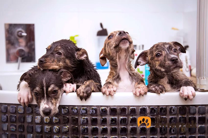 Niektóre psy lubią siedzieć w pustej wannie Cztery szczeniaki siedzą w wannie