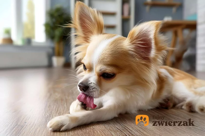 Psie lizanie łap może być spowodowane emocjami Chichuahua leży na podłodze i liże swoją łapę
