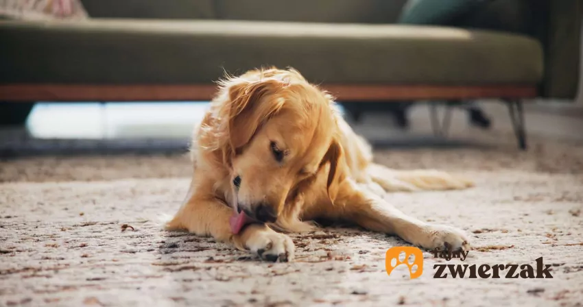 Niektóre psy liżą łapy zaraz po jedzeniu Duży pies leży na podłodze i liże swoją łapę