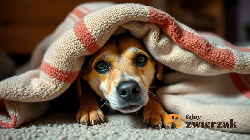 Przestraszony pies leży schowany pod kocem