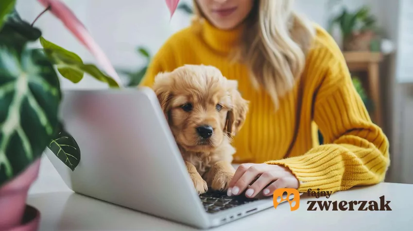 Mały szczeniak siedzi na klawiaturze laptopa