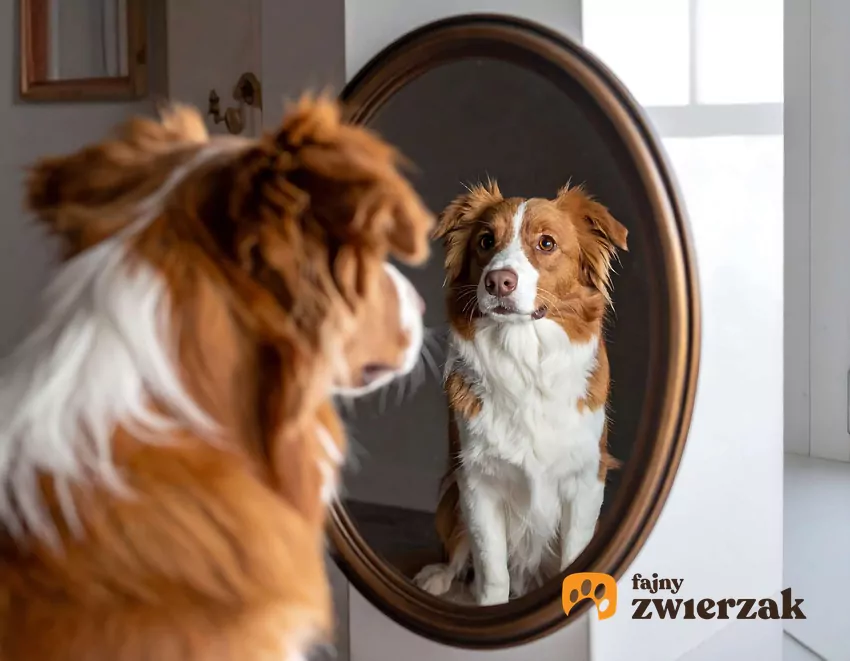 Niektóre psy szczekają na swoje odbicie w lustrze Duży pies patrzy na swoje odbicie w lustrze