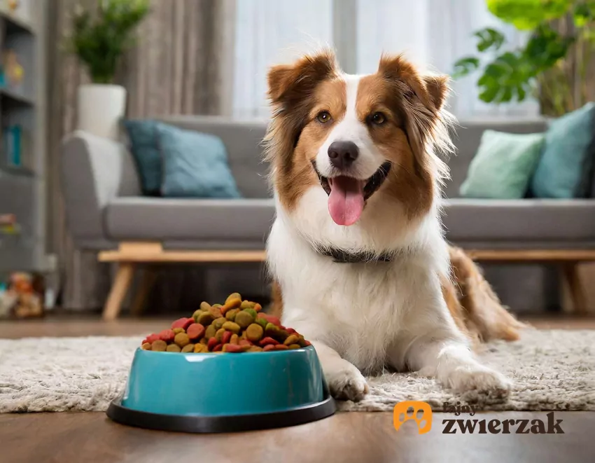 Pies leży przy misce pełnej jedzenia